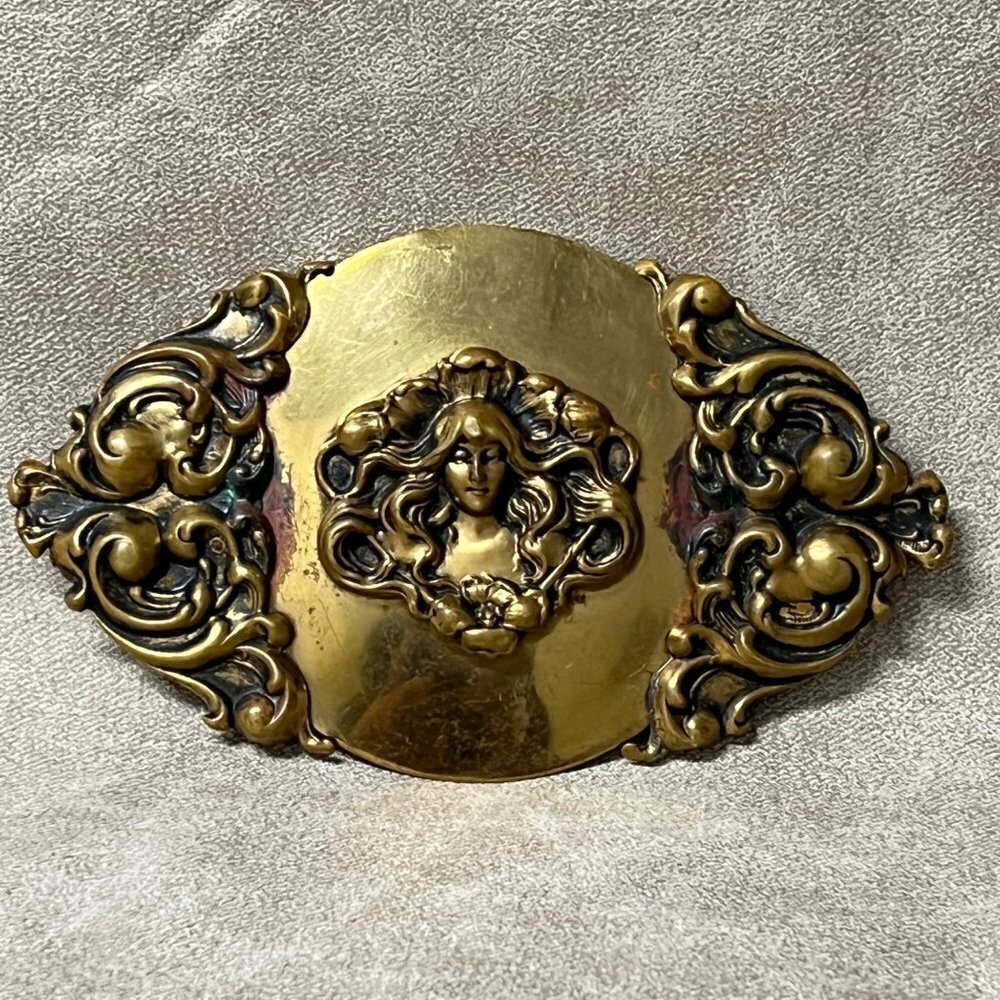 Antique Art Nouveau Brass Tone Woman w/ Long flowing hair Scarf Clip Buckle